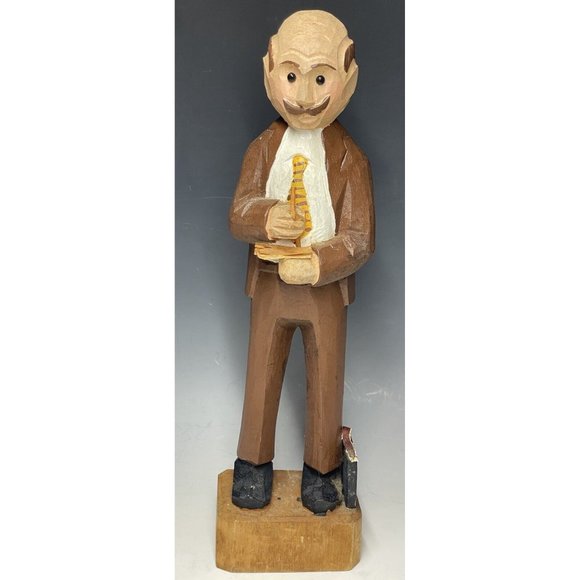 12" Vintage Hand Carved Wooden Statue 'CPA' Businessman Wood Carving Art - Picture 1 of 12